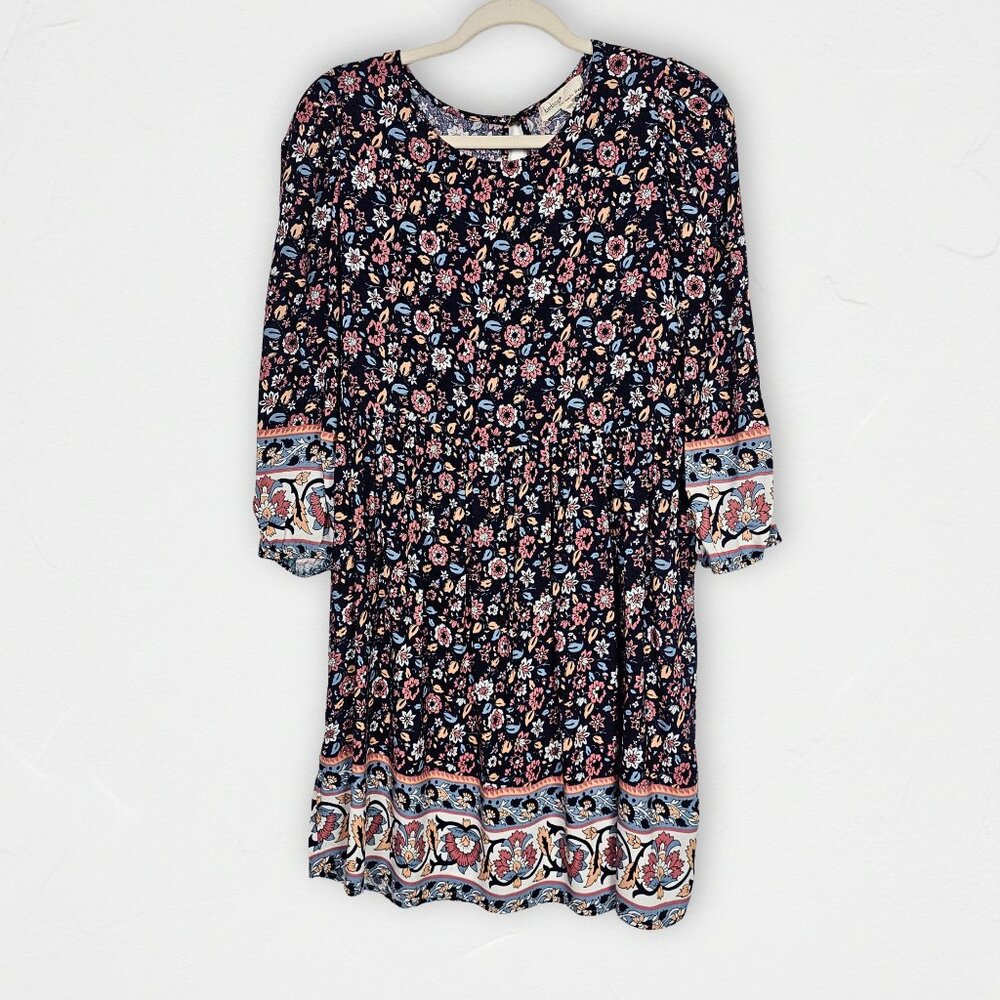 Bebop Floral Boho Mini Dress Navy Pink Long Sleeve Rayon Size L